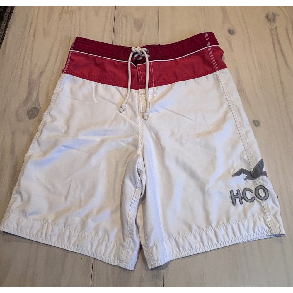 Hollister Mens Board Shorts White Red Colorblock HCO 22 Logo Swim Trunks Large